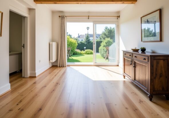 Rénovation élégante : ponçage et teinte sur parquet en chêne massif dans une villa du Cap Ferret
